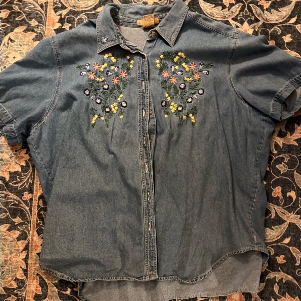 Blue Denim Shirt with Floral Embroidery